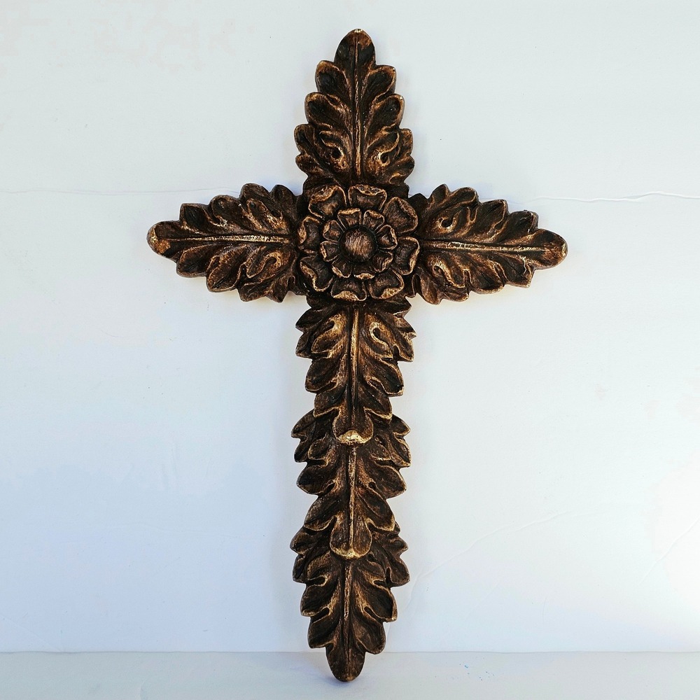 Vintage Ornate Bronze Floral Acanthus Leaf Wall Cross Decorative Religious Art